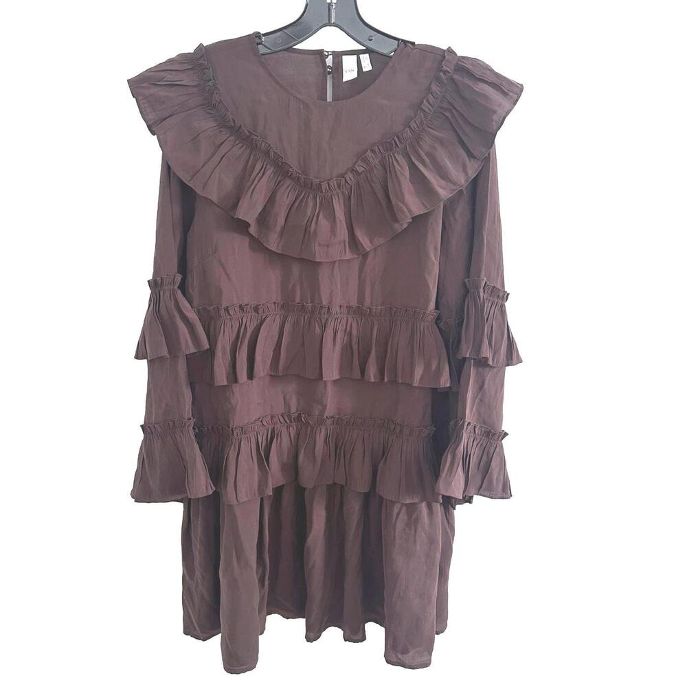 YAS Brown Layered Ruffle Detail Boho Peasant Long Sleeve Midi Dress-EU 38 / US 6
